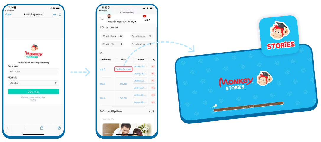 Phụ huynh vui lòng đăng nhập web làm bài tập trên điện thoại/ máy tính bảng, sau đó ấn vào link để đọc truyện